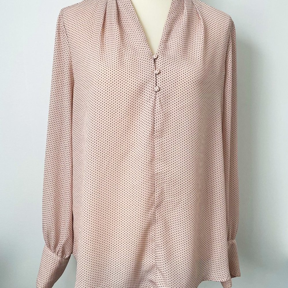 Adrianna Papell Blush Pink with Black Polka Dot Blouse Top Sz L Long Sleeves